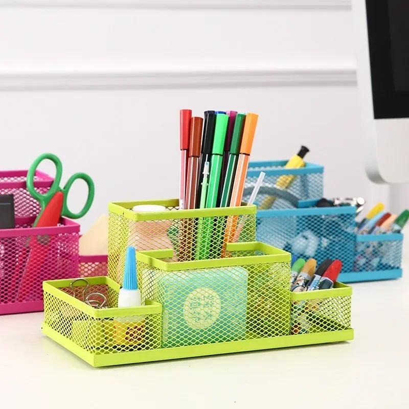 Iron Mesh Four Grid Pen Holder Creative Metal Oblique Insertion Grids Pen Holder Office Desktop Hollow Combination Storage Box