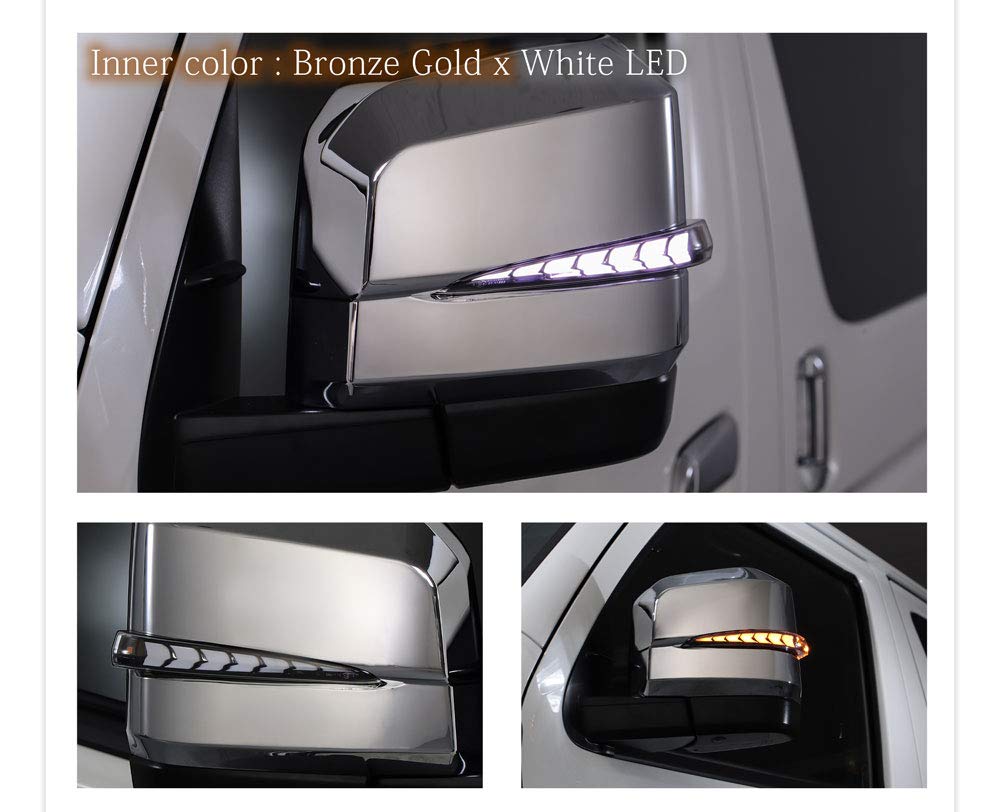 AVEST VerticalArrow Sequential Door Mirrors with LED Turn Signal Lenses for Toyota Hiace 200 Series Covers with Inner Bronze Gold and White LEDs (6th