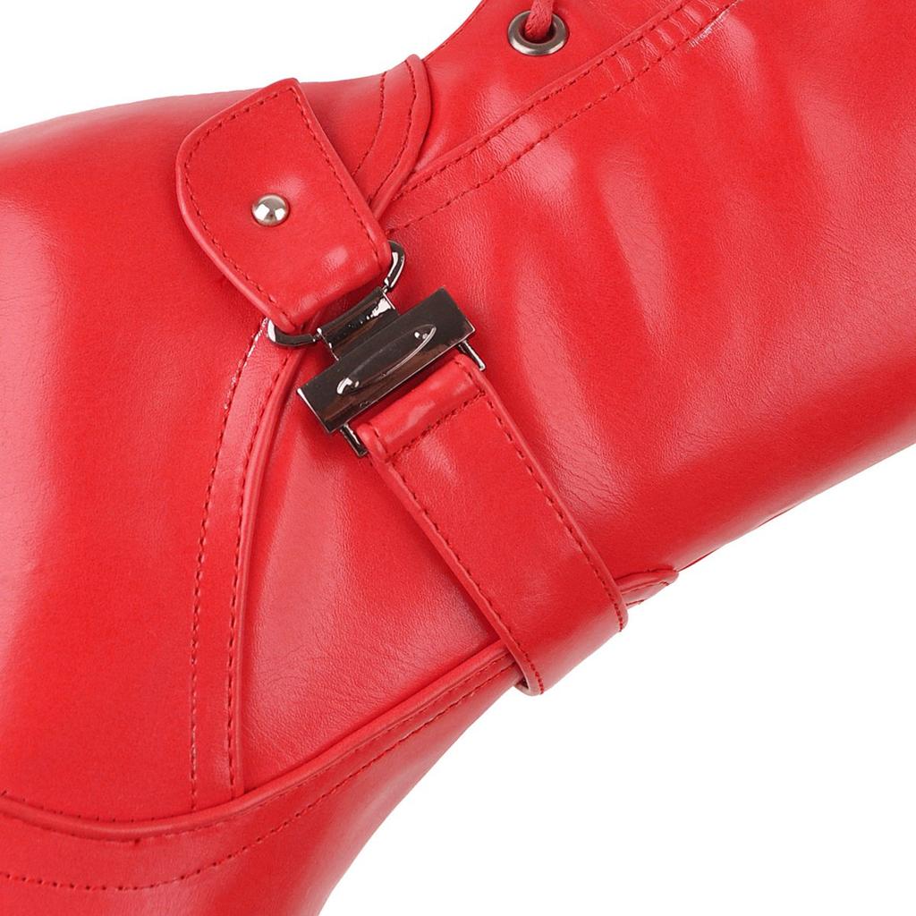 Winter Women Lace-up Platform Knee High Boots Red Black Spike Heel Round Toe Sexy Dress Party Lady Buckle Belt Zipper Long Boots