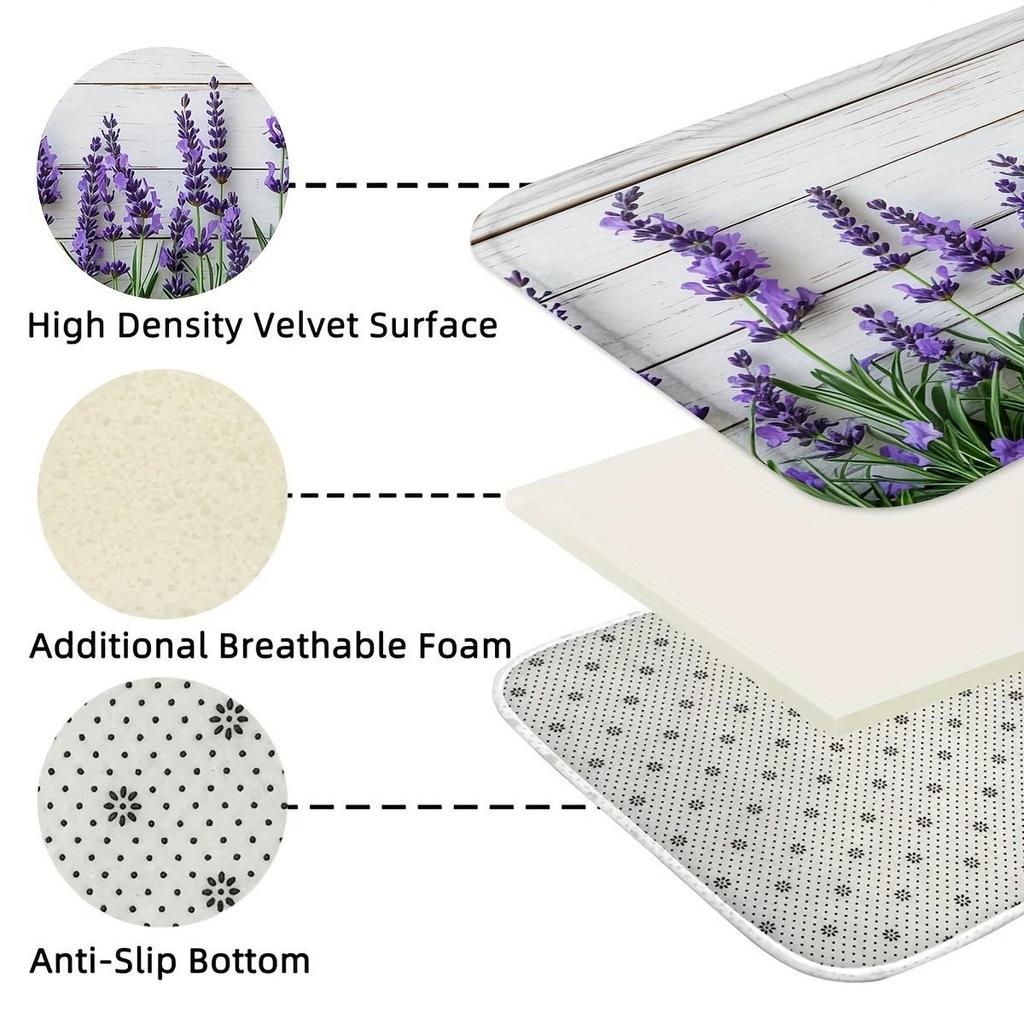 Lavender Flower Print Kitchen Rug, Non-Slip Cushioned Comfort Standing Mat, Heavy Duty Floor Carpet for Home Sink Laundry
