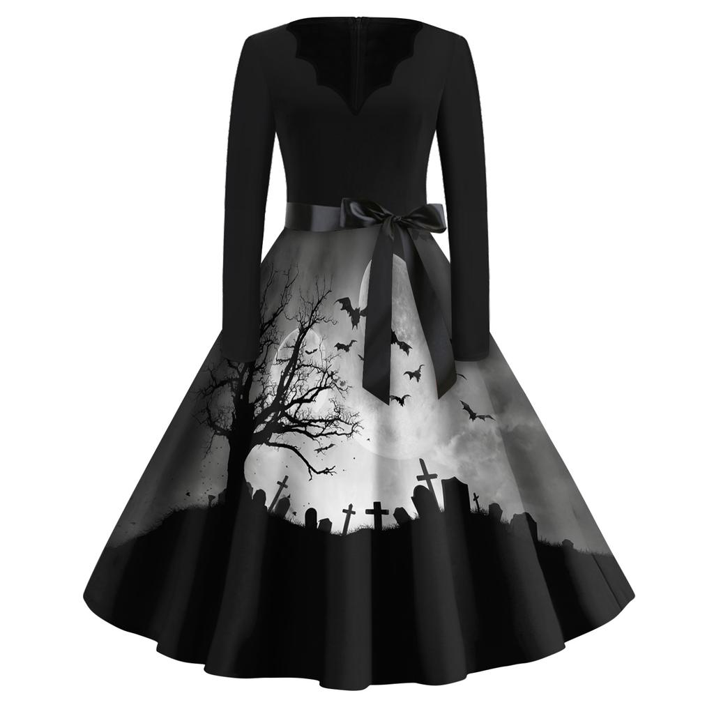 Women's Vintage Halloween Print V-Neck Dress, Casual Party Outfit for Celebrations