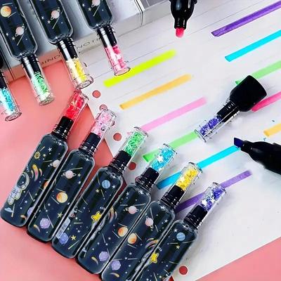 6pcs Cute Planet Wine Bottle Mini Fluorescent Highlighter Marker Pen, Drawing Writing Tool, Office Back-to-School Season