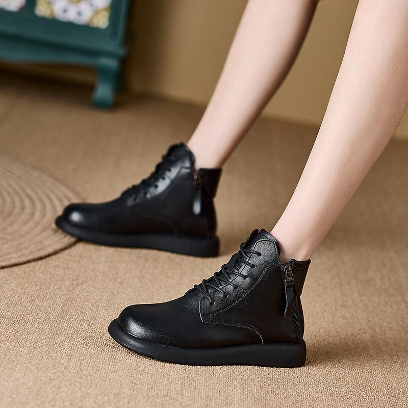 Herbst- und Winterleder-Kurzstiefel für Damen, neue Doppelreißverschluss-Martinstiefel für Damen, flacher Boden, runde Spitze, lässige Damenstiefel