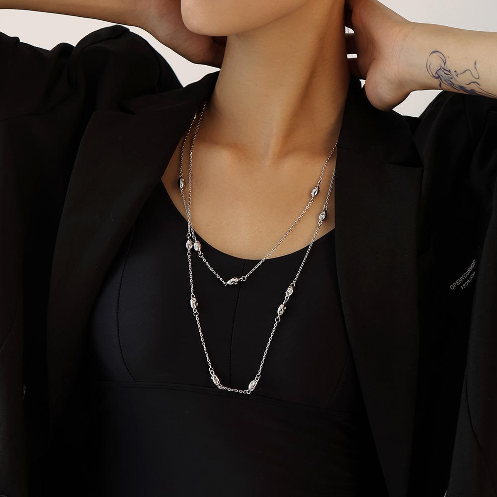 Golden Double-layered Beaded Sweater Chain, Elegant and High-end Layered Necklace 18K Gold Plated Stainless Steel