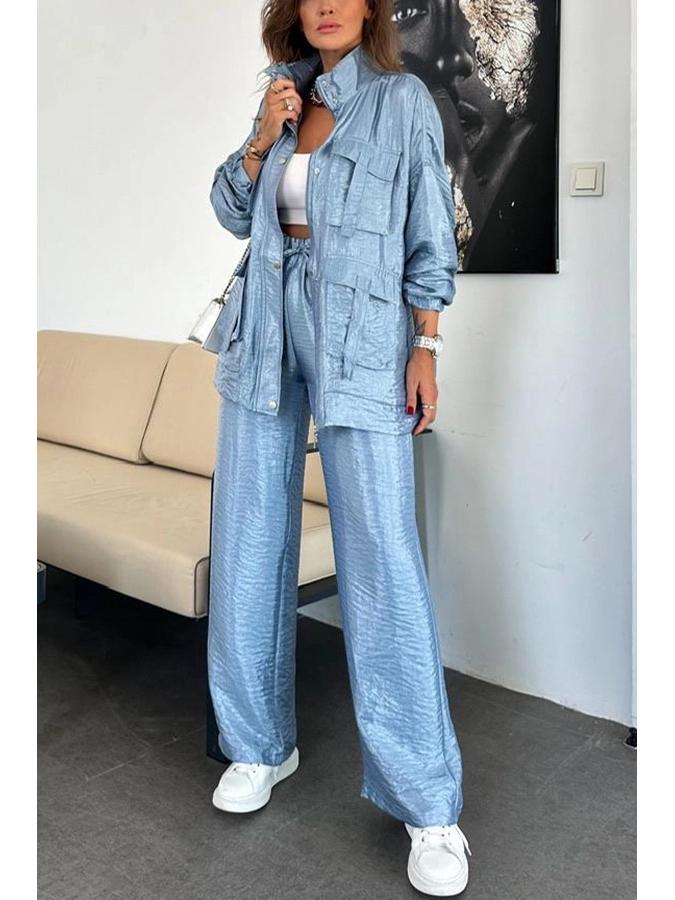 

Европейский и американский женский модный костюм-двойка: Брюки прямого кроя и куртка с длинным рукавом и 3D карманами 3035. XL светло-синий