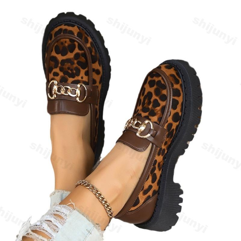 Fashion Leopard Print Women's Shoes 2025 Spring New Platform Anti Slip Metal Decorative Loafers Retro Comfortable Outdoor Casual Shoes