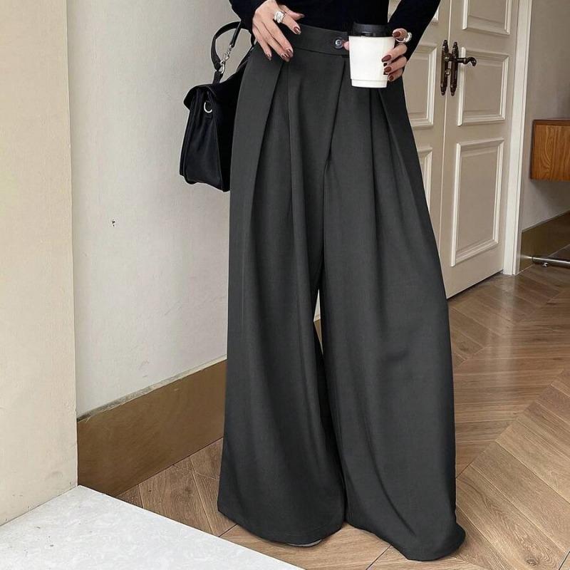 Damen High Waist Weiter Bein Gerader Lockerer Freizeit Anzug Hose