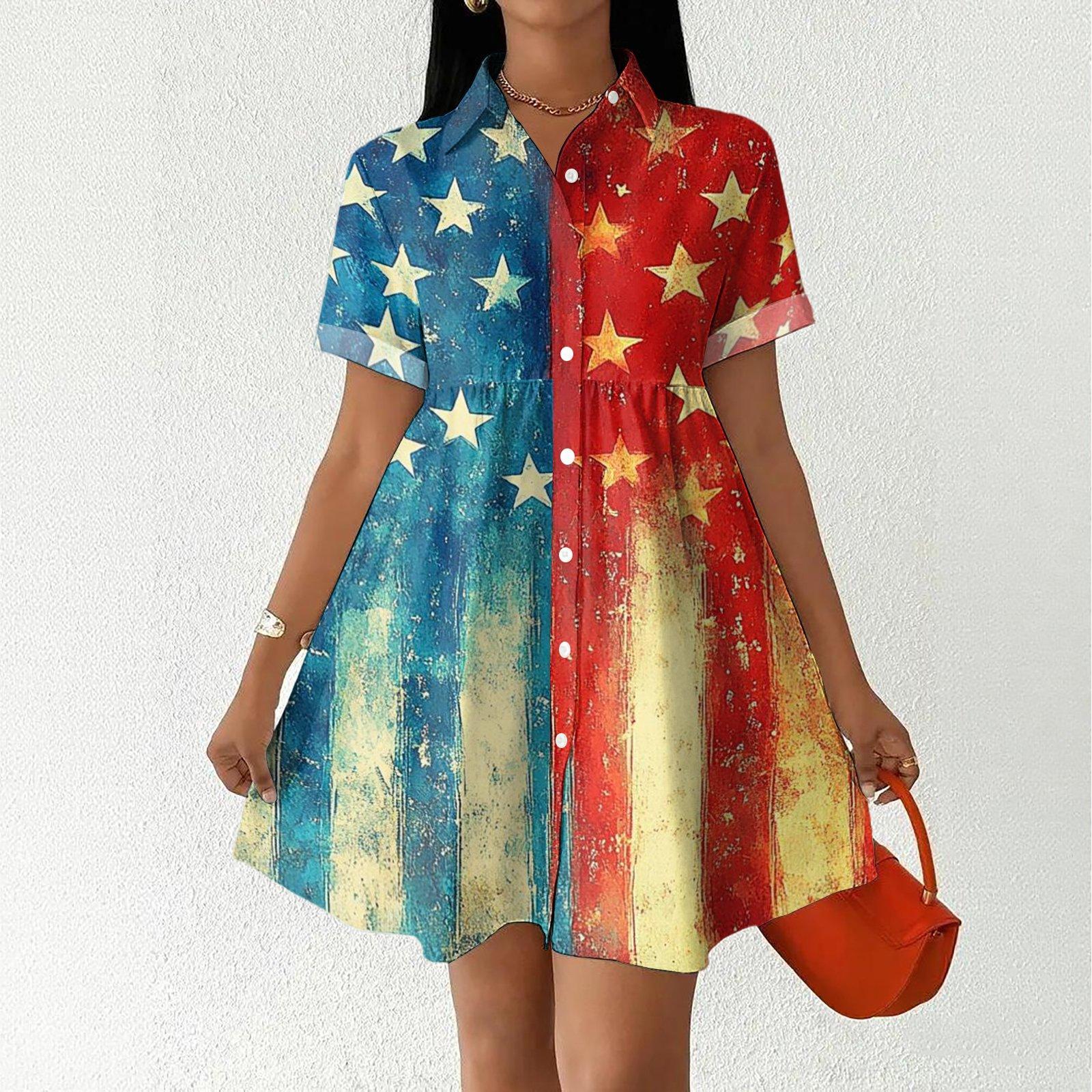 Women’s Casual Loose Fit Shirt Dress Button Down Stand Collar Heart and Star Print Short Sleeve Holiday Dress M шафрановый