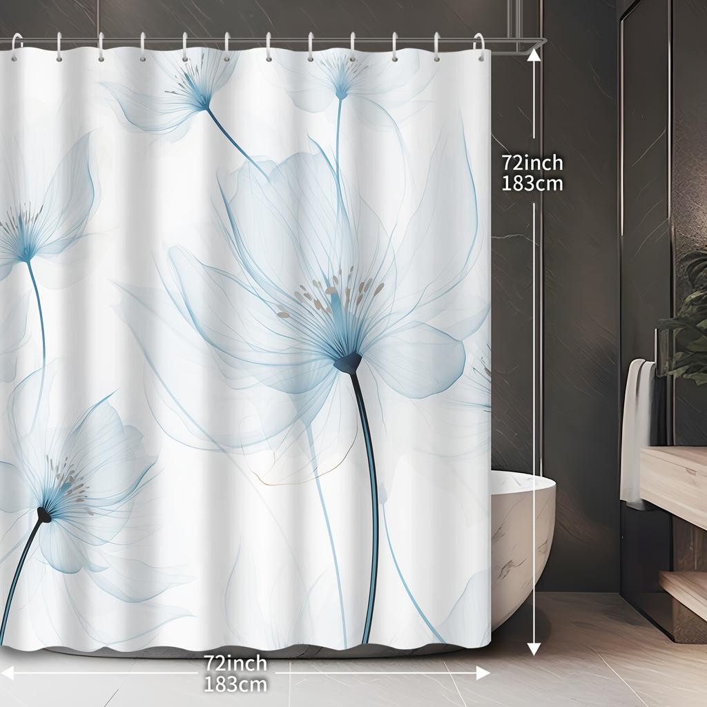 1Pcs Blue Theme Simple Beautiful Floral Shower Curtain, Bathroom Decoration, Including Shower Curtain With Hooks For Bathroom