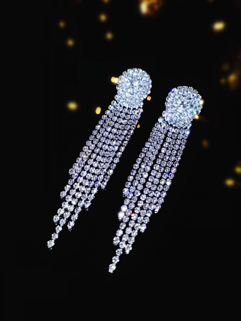 Geometric Square Shiny Rhinestone Long Fringed Earrings