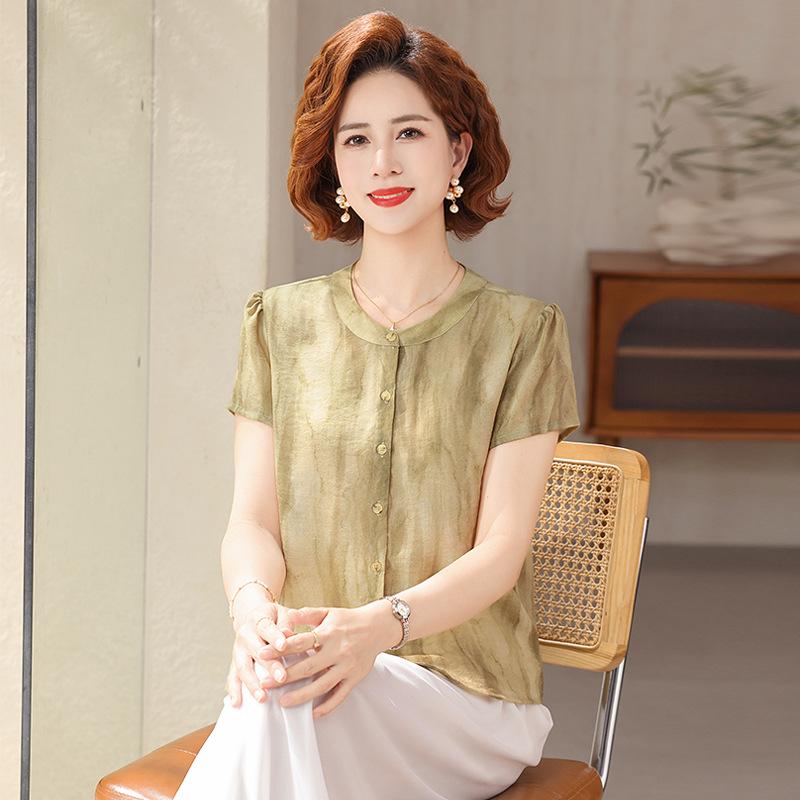 

2026 Chic Chiffon Short-Sleeve Shirt for Elegant Middle-Aged Women 2XL (110-120 lbs) желто-зеленый