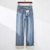 Women's Retro Light Blue Velvet Wide-Leg Jeans: Winter High-Waisted Straight-Leg Pants