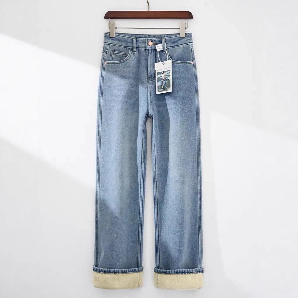 Women's Retro Light Blue Velvet Wide-Leg Jeans: Winter High-Waisted Straight-Leg Pants