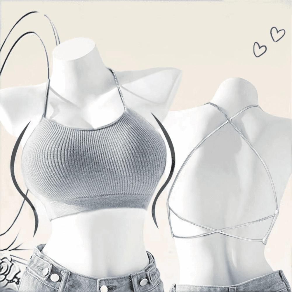 

Корейский кроп-топ с перекрестной спинкой, без спины, с подкладкой, на запах, в виде трубки для женщин One Size (40-60kg) светло-серый