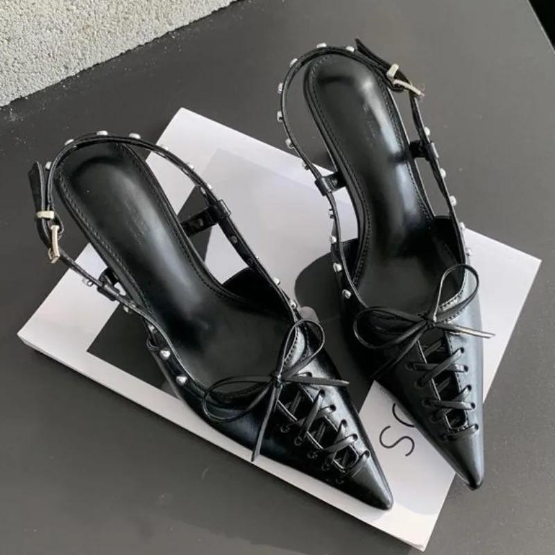 Fashion Design Rivets Back Buckle Strap Women Pumps Hollow Out Lace Up Pointed Toe Low Thin Heels Mules Sandalias De Mujer Shoes
