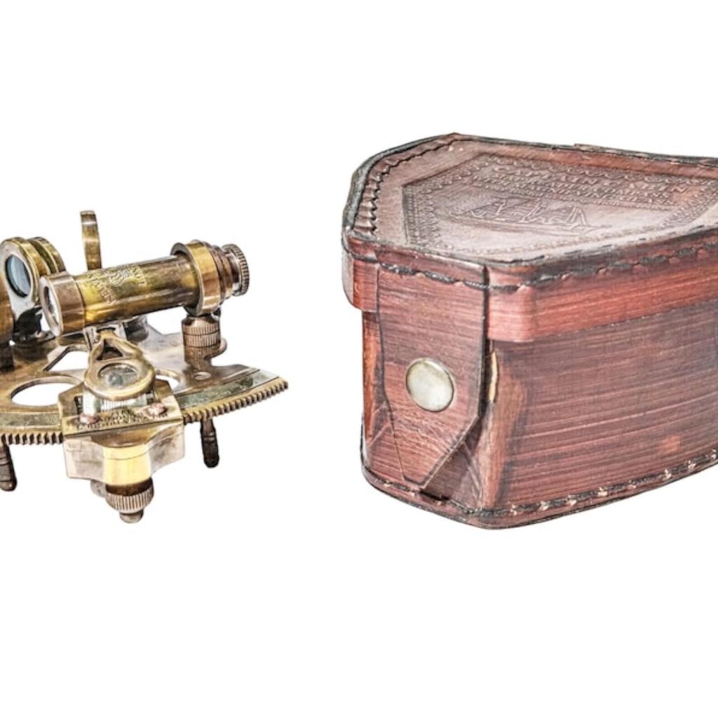 Personalized Maritime Sextant with Vintage Leather Box - Nautical Antique Christmas Decor