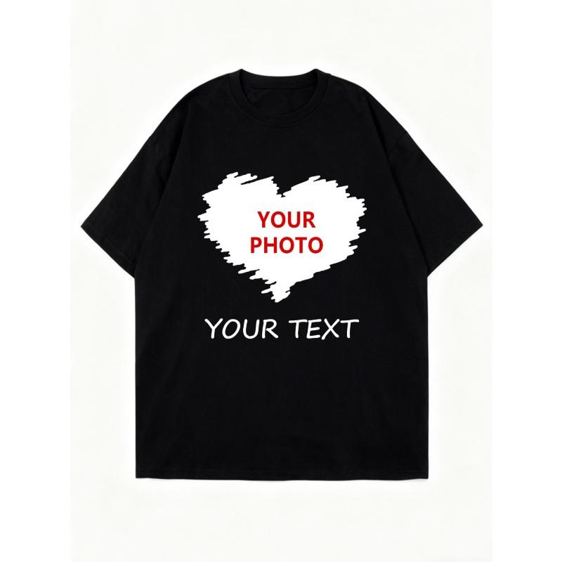 Oversized T Shirt Black Heart Print With Custom Photo And Text For Casual Wear