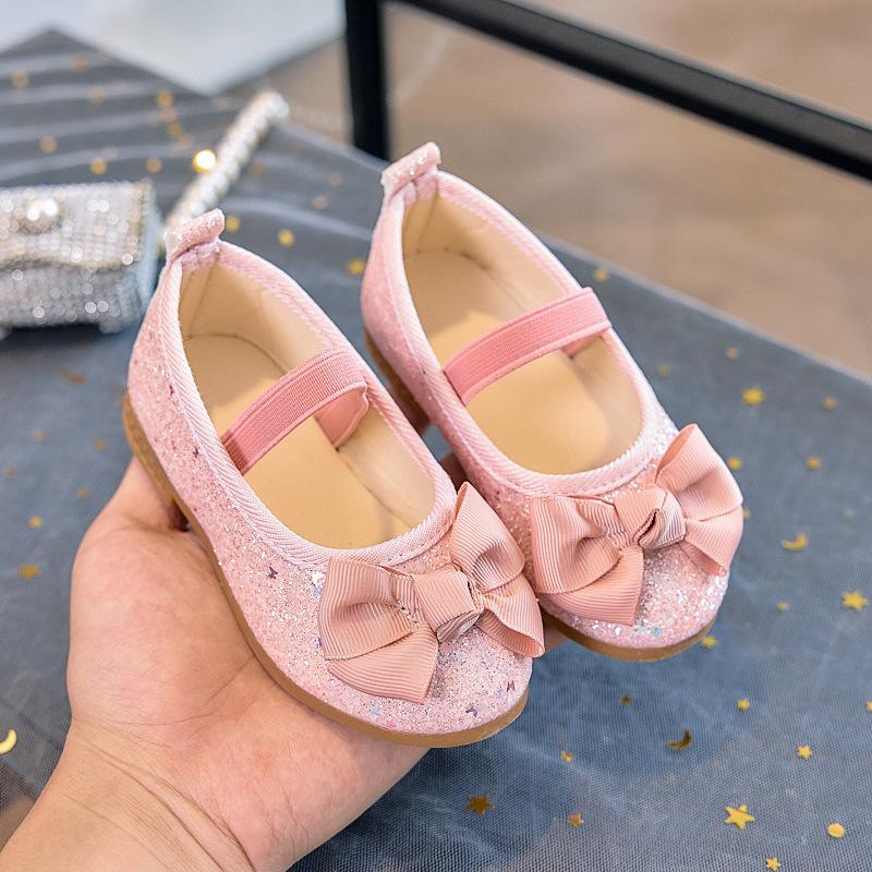 Spring and Autumn Girls' Fashionable Shallow Mouth Sequined Bow Breathable and Comfortable Soft-soled Leather Shoes
