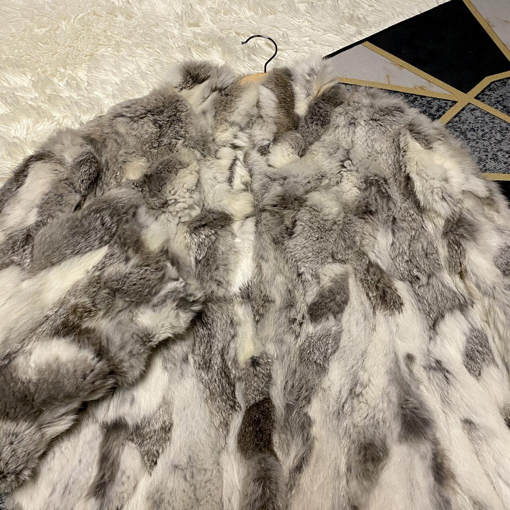 Total Length 65cm Rabbit Short-Length Coat Jacket Real Fur Size F (Equivalent to L) Beige White Silver Gray