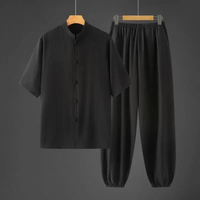 Men's Summer Thin Chinese Style Kung Fu Shirt Set Tea Zen Clothing Men Breathable Cotton Traditional Outfit Man Hanfu Tang Suits