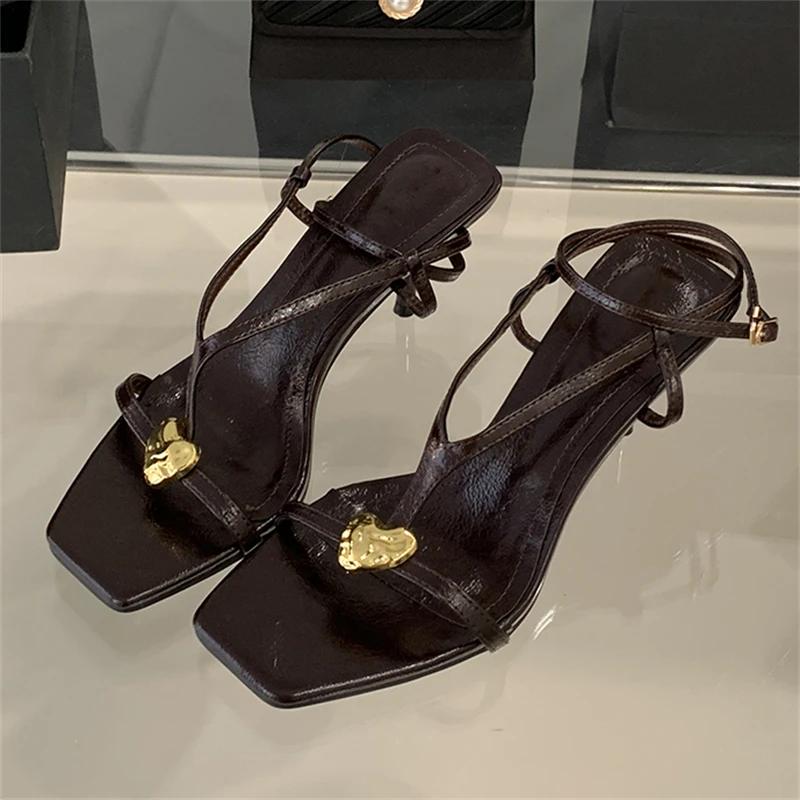 Fashion Women Sandals Summer Metal Buckle Narrow Band High Heel Sandals Shoes for Women Band Open Toe Thin Gladiator Party Shoes Zapatos