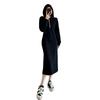 Women's European-Style Grey Hooded Sweatshirt Dress - Textured, Cinched Waist, Slimming, Casual Autumn/Winter Wear