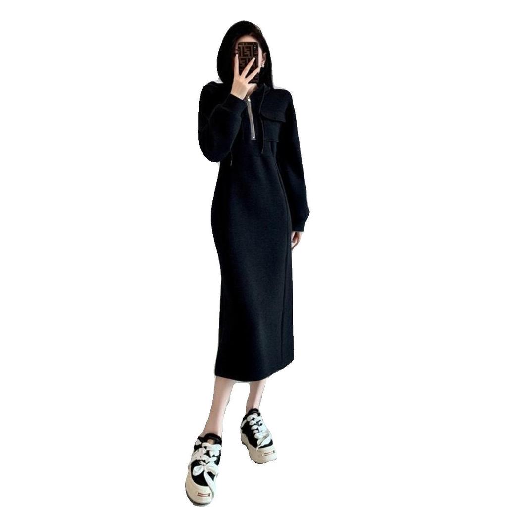 Women's European-Style Grey Hooded Sweatshirt Dress - Textured, Cinched Waist, Slimming, Casual Autumn/Winter Wear