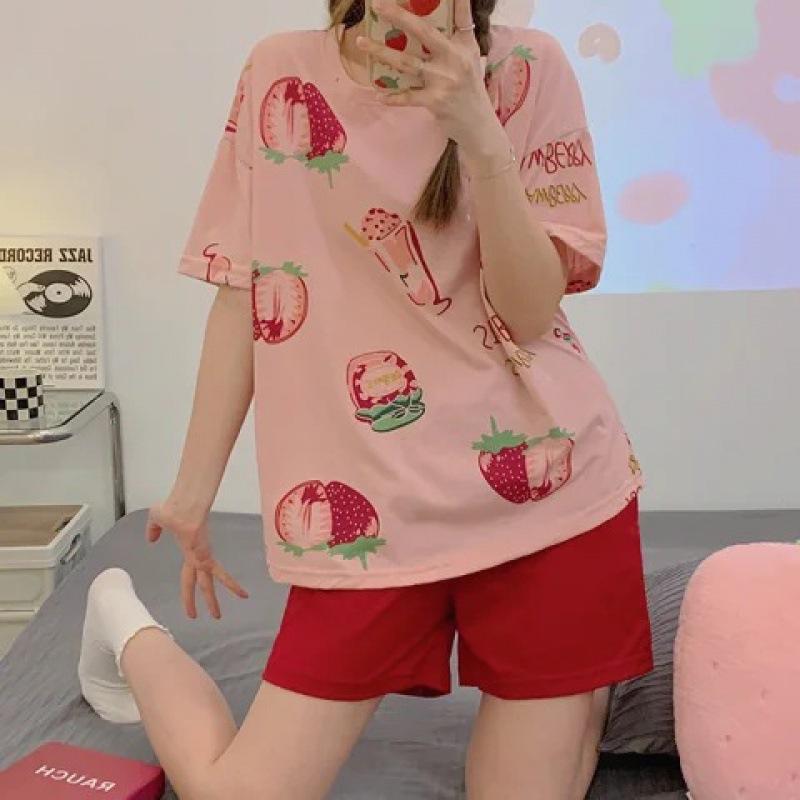 Summer Shorts Set Women's Pajamas Set Cute Cartoon Print Leisure Young Girls Sleepwear Short Sleeve Tops and Shorts Pijamas Women Homewear