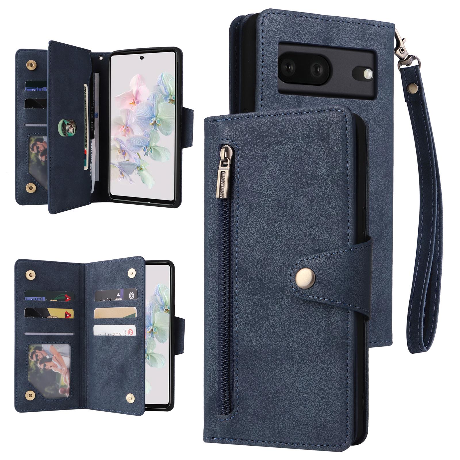 

For Google Pixel 7 5G Case Multiple Card Slots Rivet Decor Leather Stand Phone Cover Blue