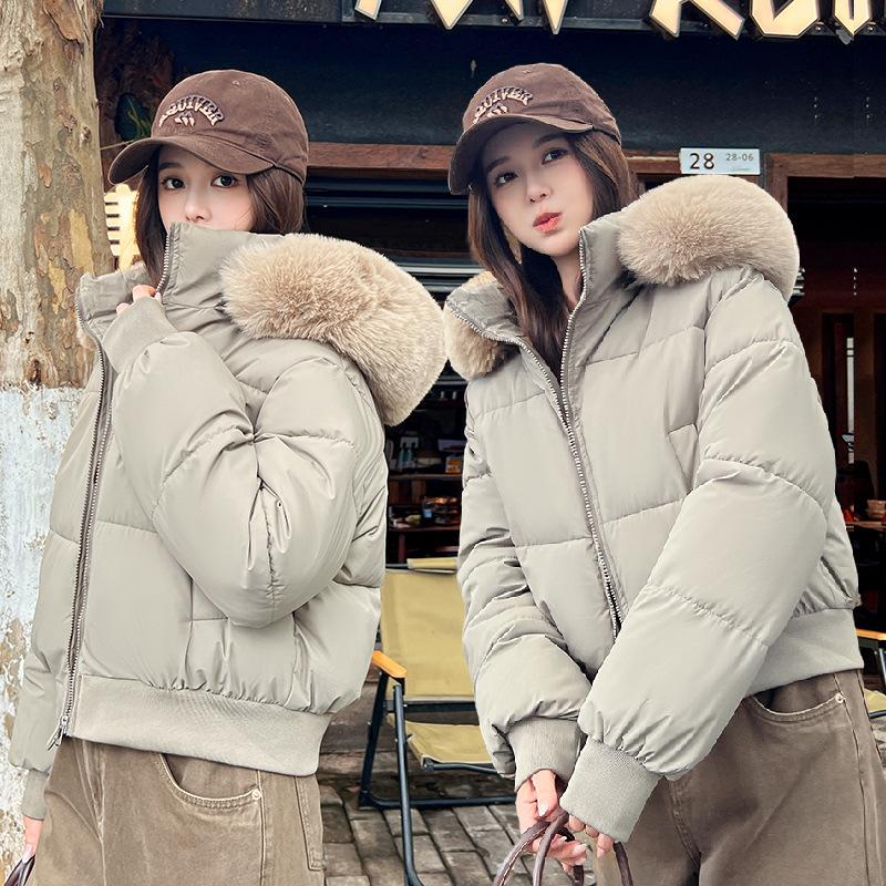 Hair collar hooded women's new cold and windproof lightweight thickened fluffy warm loose high-quality fabric casual sports Parker cotton jacket