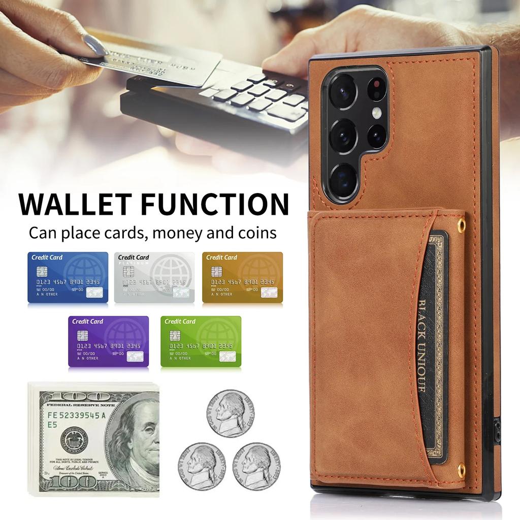 Triple Folded Matte Leather Wallet Case for Samsung S25 Ultra S24 FE S23 S22 Plus S21 A55 A14 Cards Slots Kickstand Flip Cover