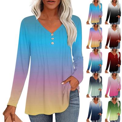 Women's Fashion Casual Pleated V-Neck Gradient Printed Long Sleeve T-Shirt Top