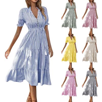 Women's New Summer  Striped V-neck Elastic Waist Short Sleeve Swing Dress