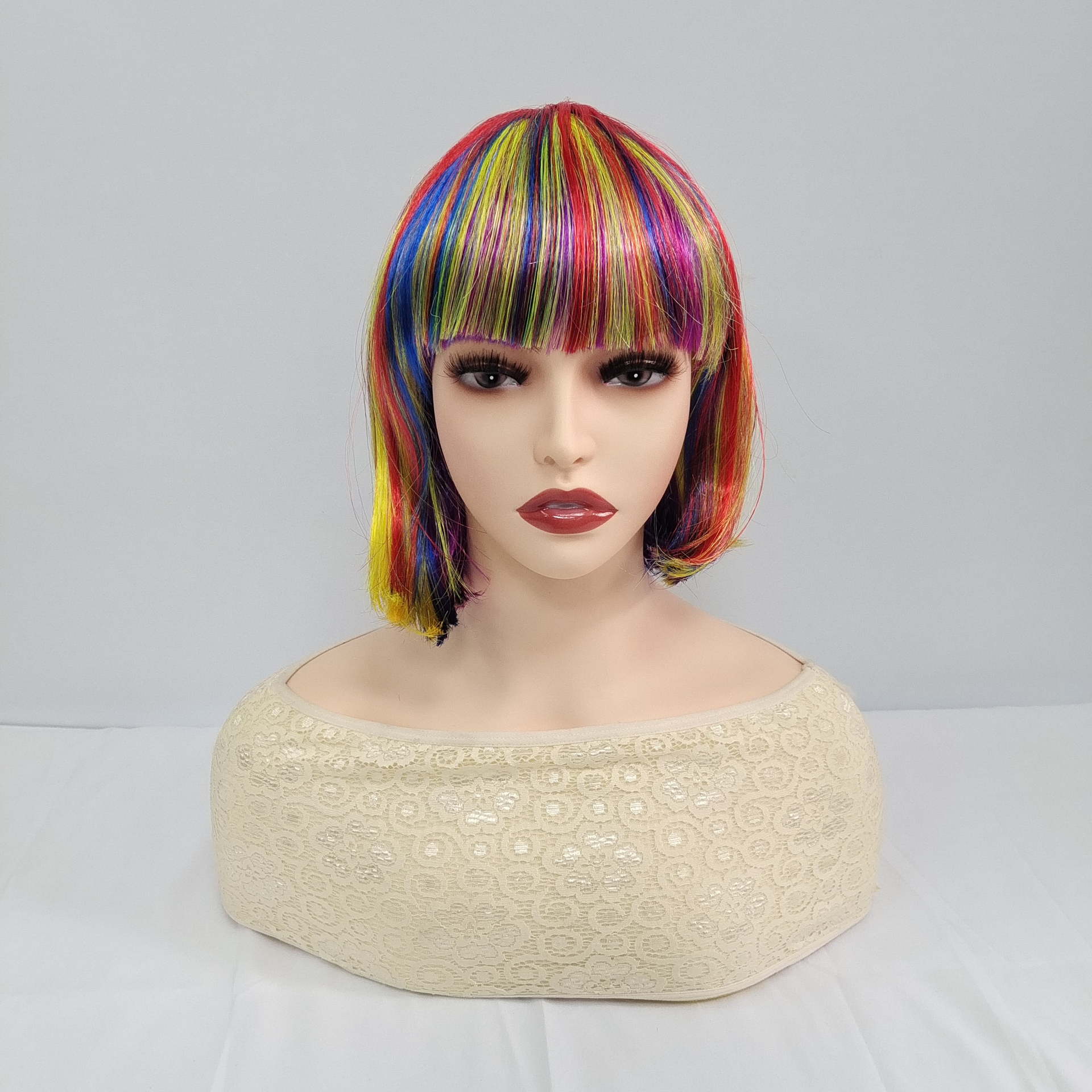 European Fashion Women s Rainbow Short Straight Middle Part Bob Wig Full Headgear A