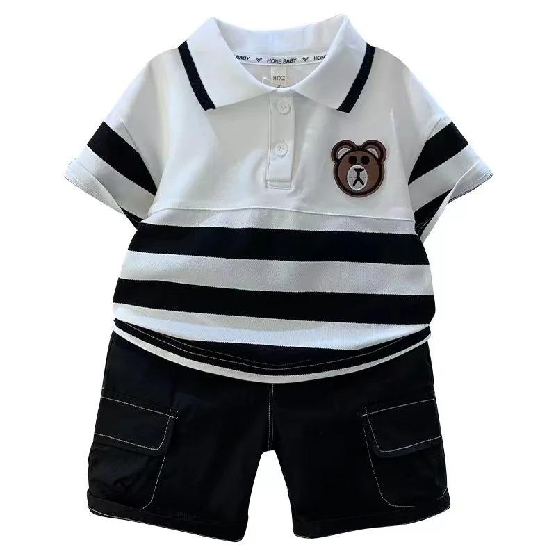 Turn Down Collars Boys Summer Outfits Striped Short Sleeve Cartoon T Shirt Pockets Shorts Fashion Golf Sport Clothes