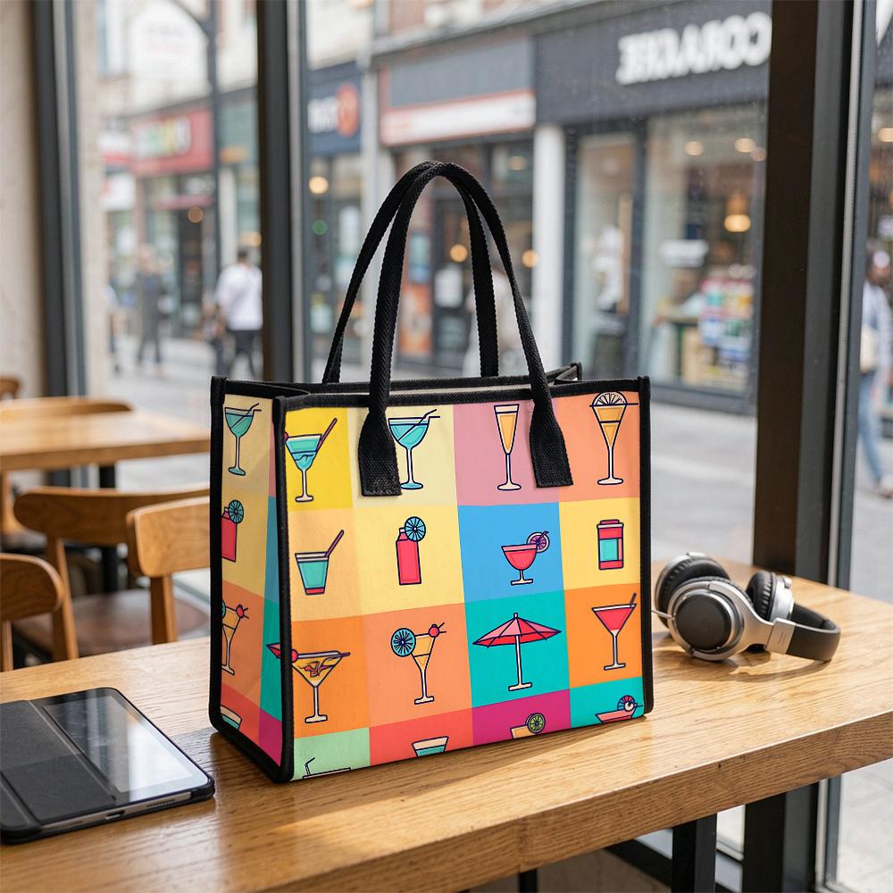 Cute Cocktail Printed Tote Bag for Daily Shopping Casual Large Capacity Reusable Canvas Handbag for Women