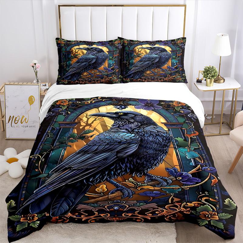 3pcs Stained Glass Raven Duvet Cover Set, 1 Duvet Cover + 2 Pillowcases (No Insert), High-Definition Print, Home & Dorm yy251123005