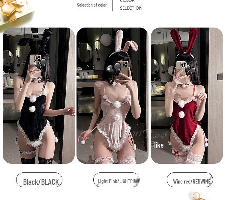 Velvet Bunny Girl Open-Crotch Bodysuit - Sexy Christmas Lingerie Set