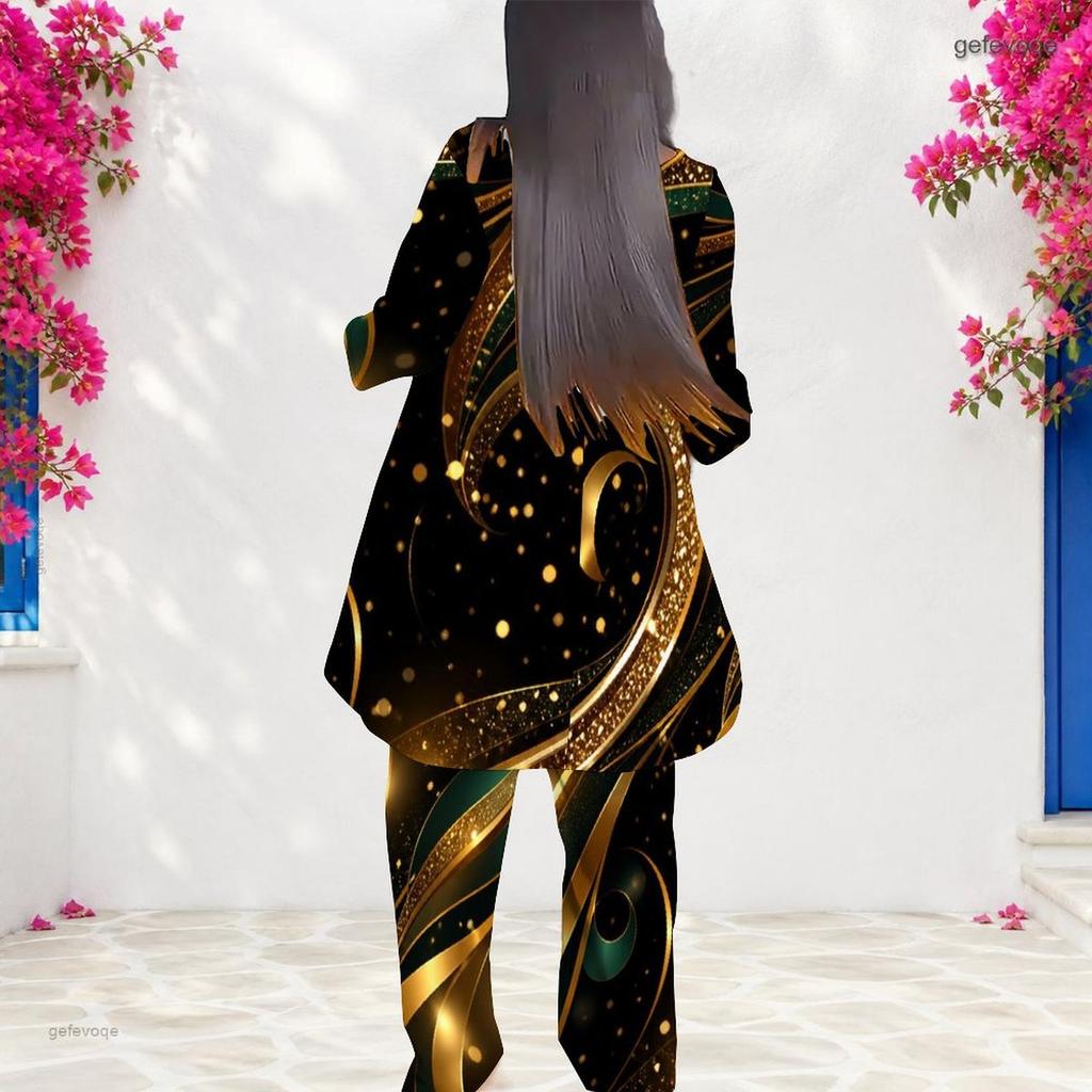 Women Plus Size Round Neck Long Sleeve Printed Irregular Top And Long Pants Two Piece Set