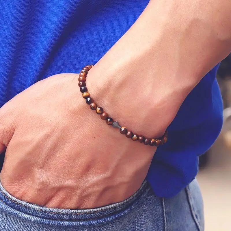 Nowa Bransoletka Krzyżyk Męska 4mm Bransoletka z Kamienia Naturalnego Naturalny Tygrysie Oko Koraliki Ryżowe Bransoletka Homme Akcesoria Męskie
