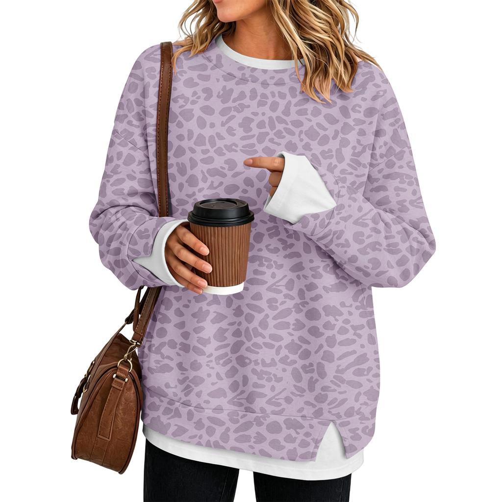 Women's Leopard Print Two-Piece Long Sleeve Round Neck Pullover Top for Casual Wear