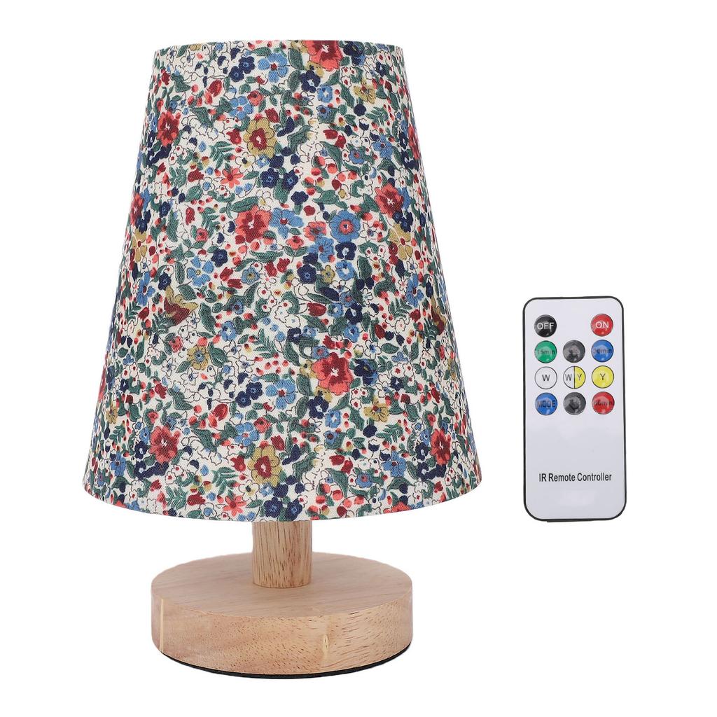 Floral Table Lamp Vintage Wooden Base Fabric Night Lamp Dimmable with Power Off Memory Safe USB Powered for Bedroom