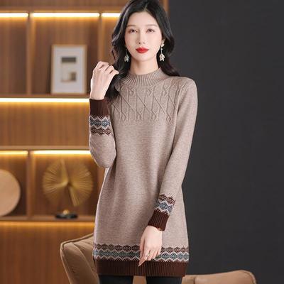 Women's Sweater Half Turtleneck Mid-length Sweater Dress Autumn and Winter Commuting Style Loose Jacquard High Waist Inner Knitted Sweater