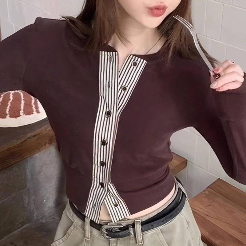 

French Chic Color Block Patchwork Button Long Sleeve Women s Autumn Top Small кавовий