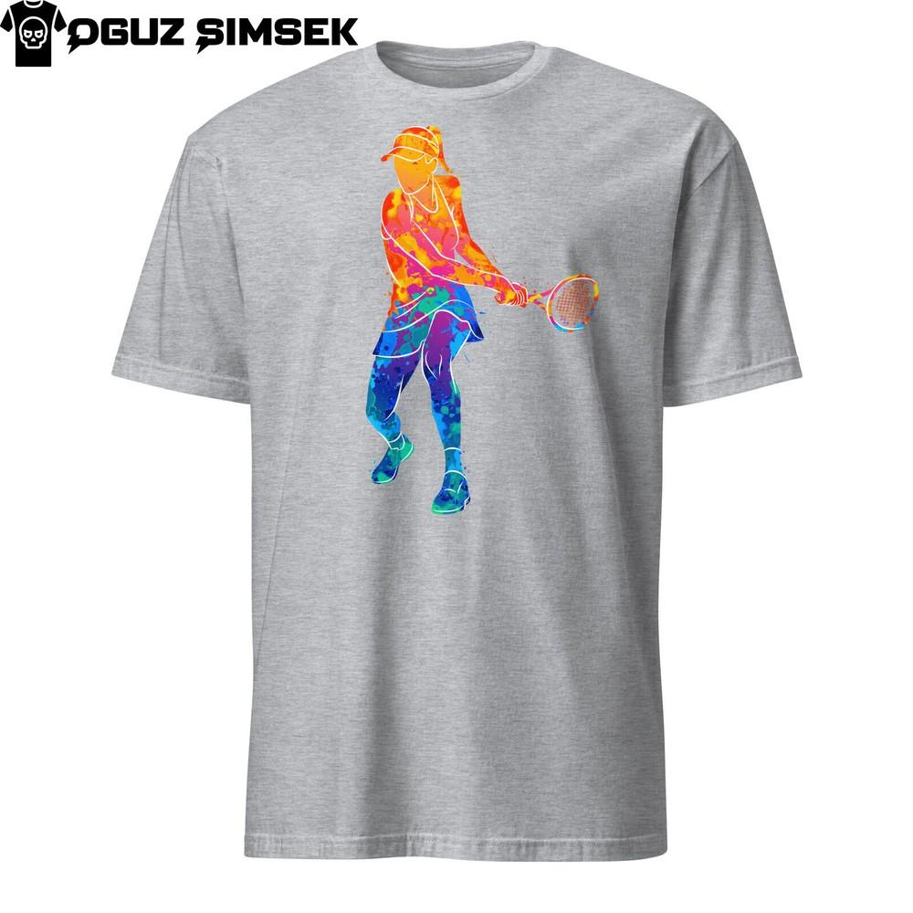 

Abstract Colorful Silhouette Tennis Player Unisex T-Shirt - Unique Racket Design XL