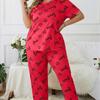European Heart Print Plus Size Sleepwear Set: Round Neck, Short Sleeve, Long Pants