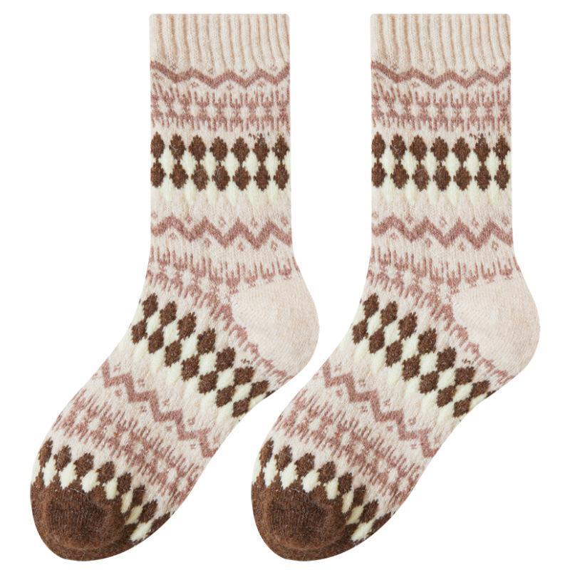 Wool Socks - Children's Vintage Fair Isle Ethnic Style Mid-length Socks for Winter, Thick and Warm Pile Socks