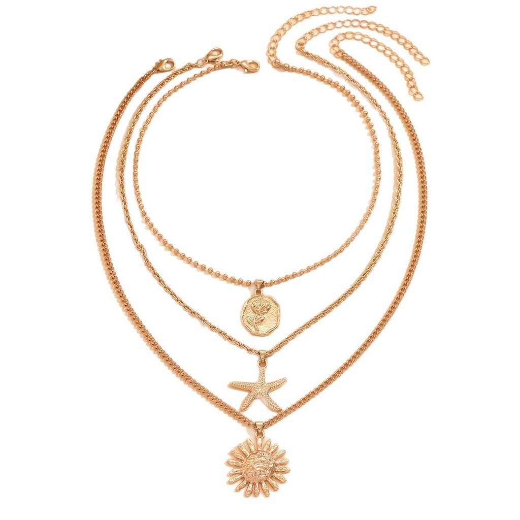 European-American Versatile Starfish Rose Sun Pendant Necklace Set for Women