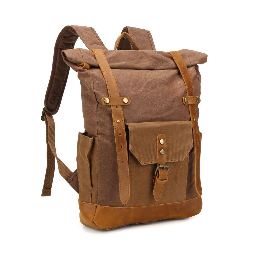 Retro Waxed Canvas Backpack with Leather Trim - Large Capacity, Pepper Salt Design, In Stock