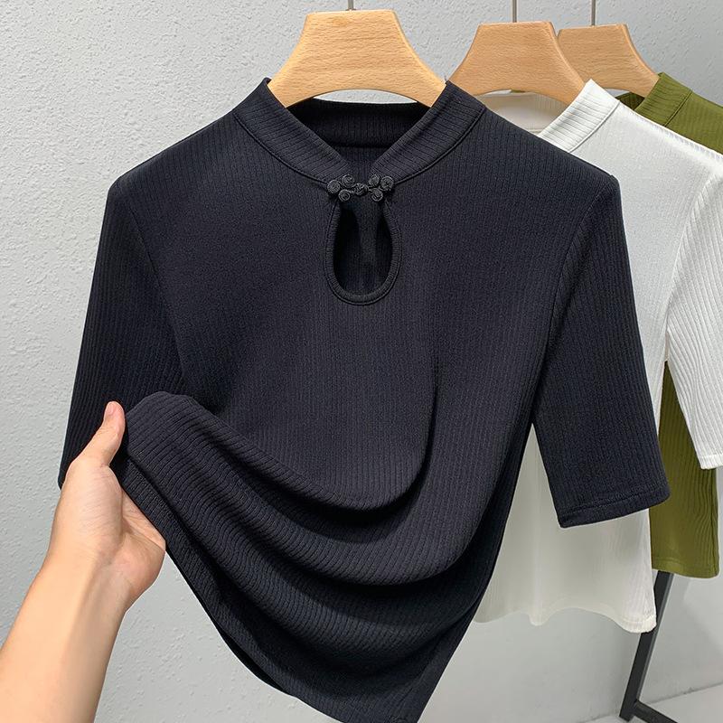 Tričko se středním rukávem Dámské Nové Dámské Oblečení Stojáček Přezka Jednobarevné Tričko s polovičním rukávem Retro Nový čínský top do pasu